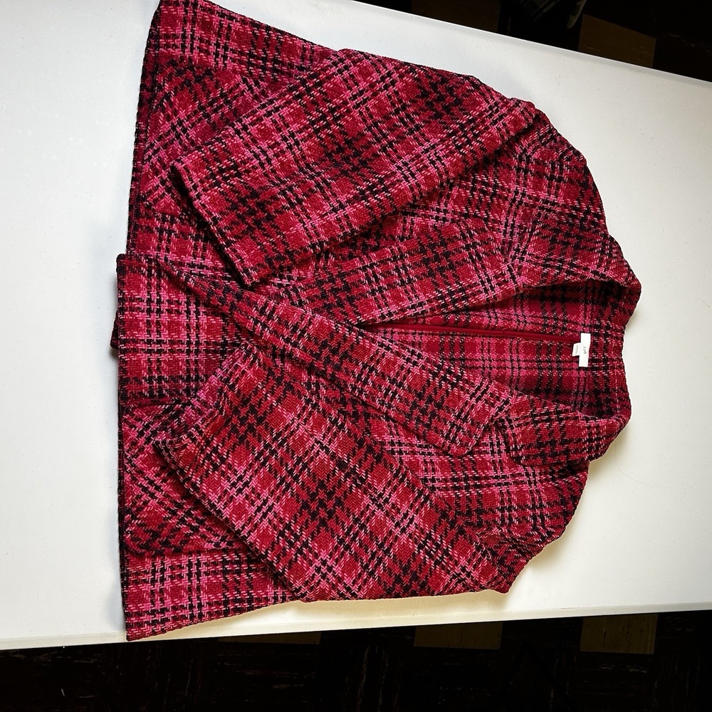 J. Jill Chenille Plaid Blazer Jacket Cherry Multi Pink Open Front NWOT Large - Picture 3 of 10